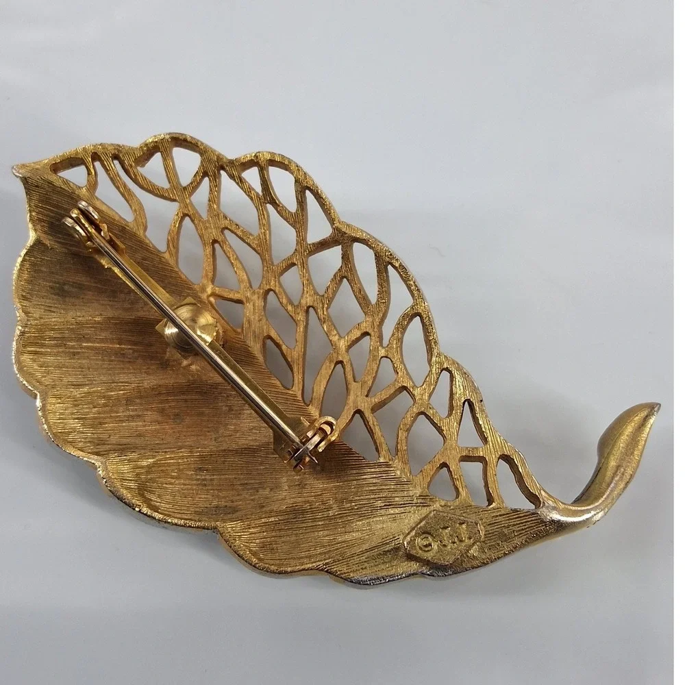 Vintage JJ Jonette‎ Two-Tone Gold Silver Lattice Openwork Leaf Brooch Pin 1980s